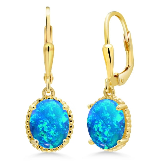 Gem Stone King 18K Yellow Gold Plated Silver Blue Simulated Opal Leverback Dangle Earrings for Women (1.12 Cttw, Gemstone October Birthstone, Oval Cabochon 9X7MM)