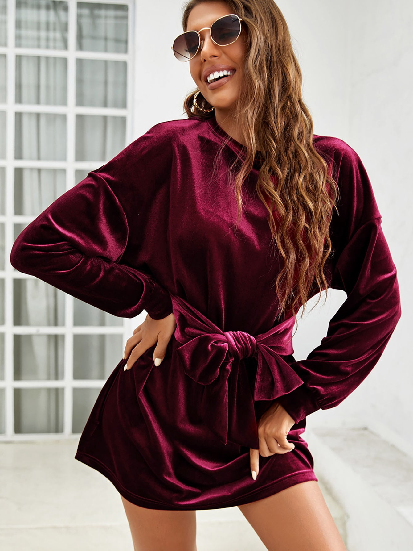 Wine Velvet Knot Front Maxi Dress 