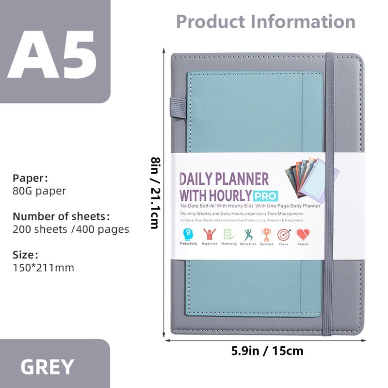 Undated Daily Planner for 2026, Planner Agenda Book, Daily Monthly Planner with 8 Creative Stickers, Simplified Schedule Notebook for Office Home, Journaling Notebooks, Start Anytime, A5 Size, Gray