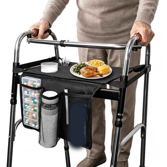 XIBUFE Walker Tray for Folding Walker,Walker Basket Bag,Trays for Walkers for Seniors Detachable with Cup Holder,Walker Trays for Rolling Folding Walker,Walker Accessories for Elderly