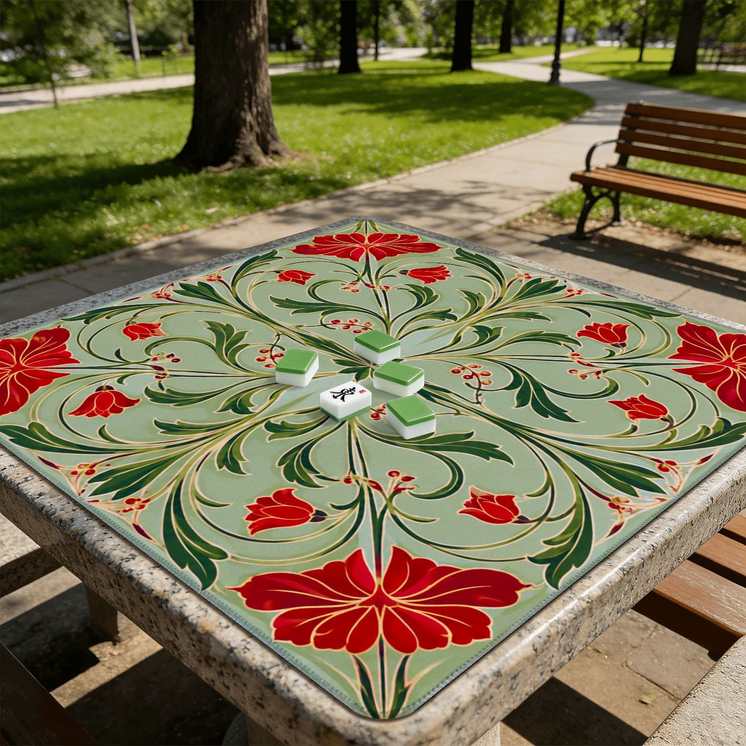 Mahjong Mat 31.5" x 31.5" Red Floral Green Swirling Leaves Soft Non-Slip Noise Reduction American Mahjong Tiles Table Cover for Dominoes Poker Card Board Games Gift