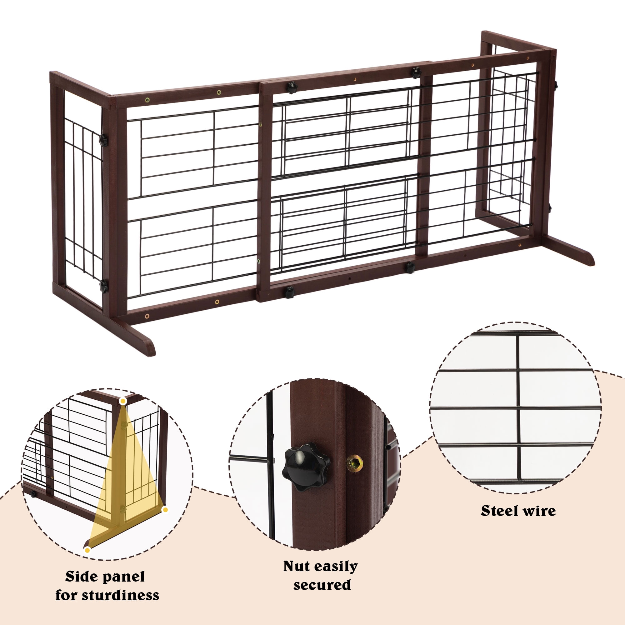 Coziwow Freestanding Wood Pet Gate, 38"-71" Sturdy Solid Wood Dog Gate for The House, Doorway, Stairs, Pet Puppy Safety Fence, Brown