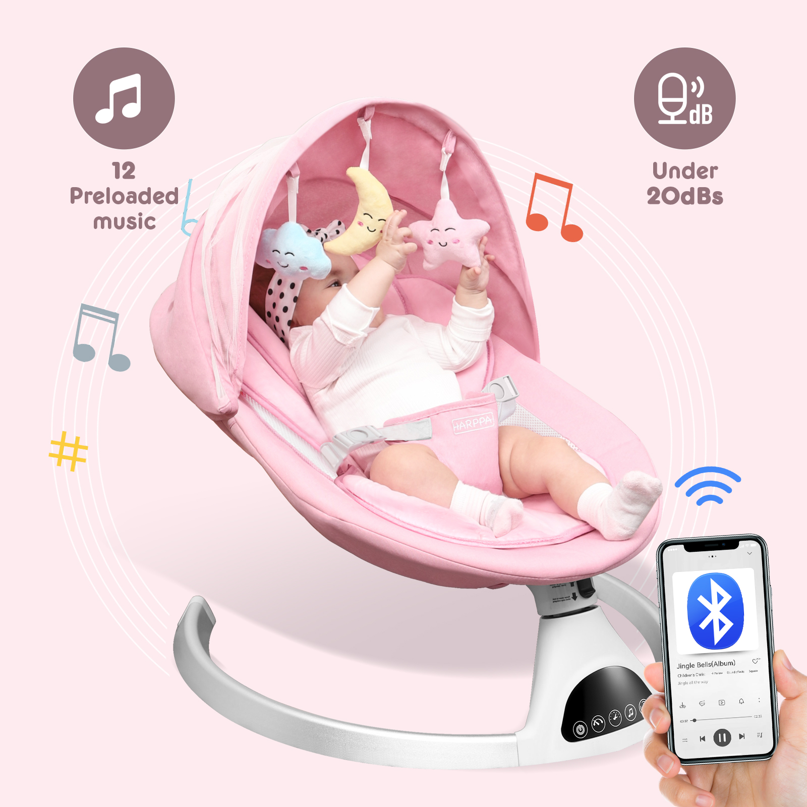 HARPPA Electric Baby Swing, Bluetooth Speaker, Remote Control, Pink - image 5 of 8