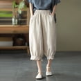 thumbnail image 3 of Cotton Linen Capri Harem Pants for Women Elastic Waist Loose Fit Ruffle Hem Baggy Cropped Pants with Pockets Womens Capris, 3 of 6