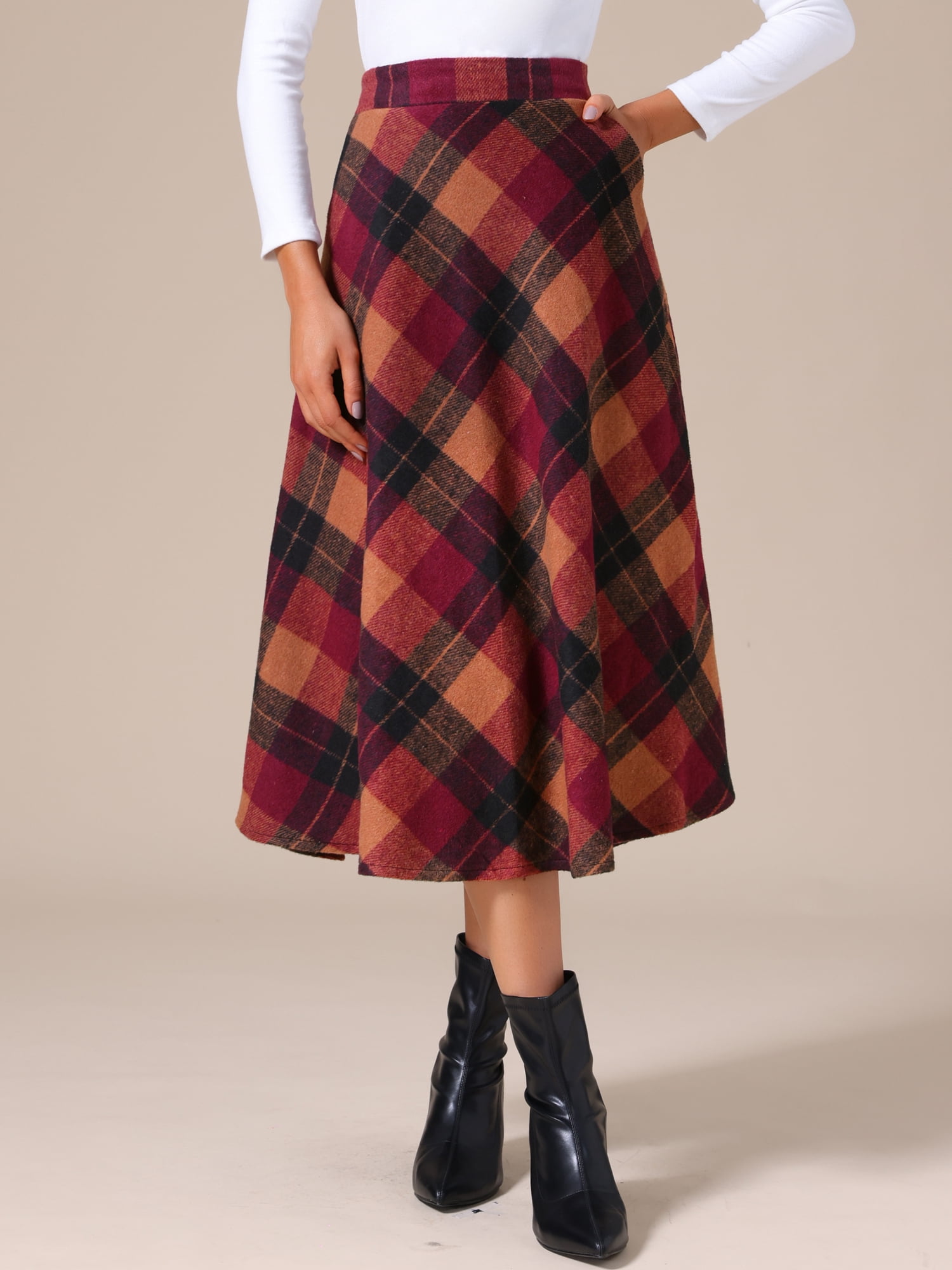 DARING DIVA Women's Vintage Plaid A-Line Work Long Maxi Skirt X-Small Brown Red