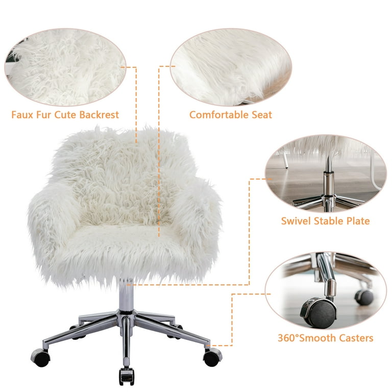 Faux Fur Desk Chair, Cute Fluffy Upholstered Padded Seat, Vanity Accent  Modern Height Adjustable Swivel, for Living Room, Makeup, Home Office, Teen  Girls Bedroom, White 