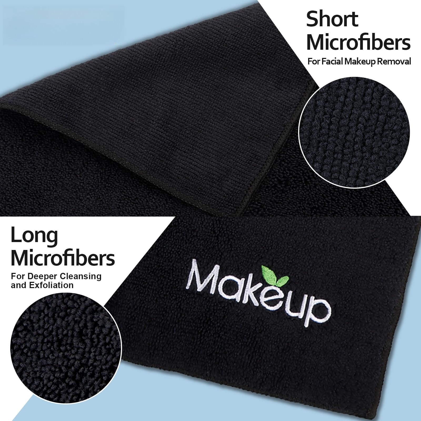 Microfiber Makeup Remover Cloths - Super Soft, Quick Dry Face Towels for Cleansing, 13 x 13 Inch, 6 Count, Black