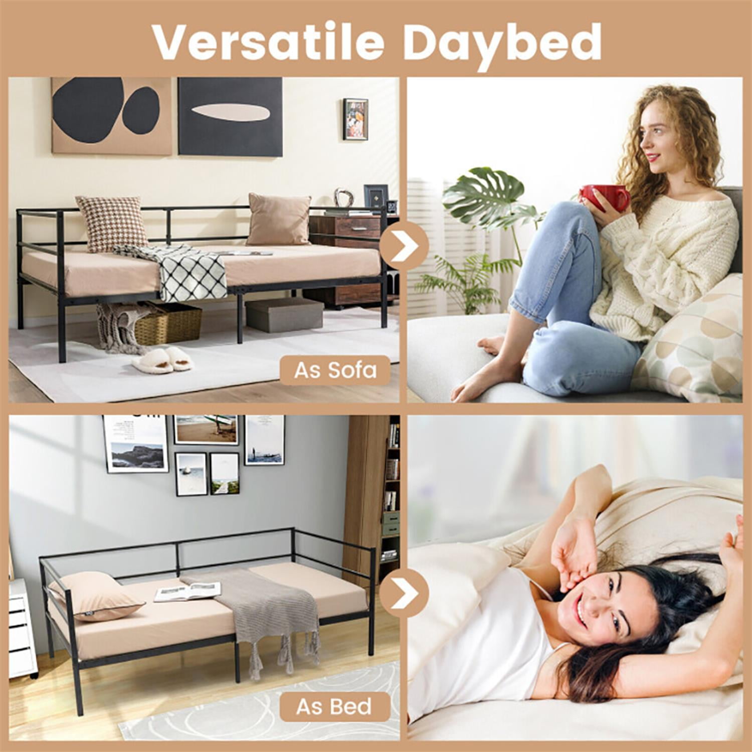 Demi Bonn Twin Size Metal Daybed Frame with Metal Slat Support and 3-Sided Guardrails, Modern Bed Frame for Teens, Black