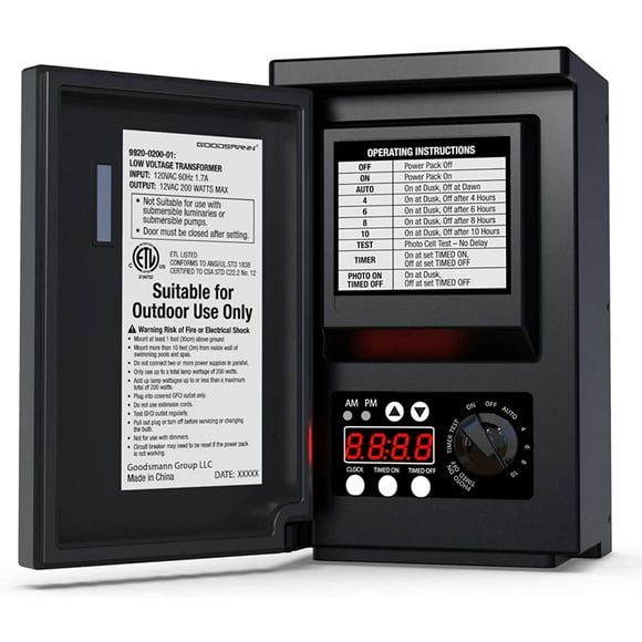 GOODSMANN Transformateur Basse Tension 200 Watts avec Minuterie, Capteur Photo et Pare-Temps pour Éclairage Extérieur 120V AC à 12V AC 9920-0200-01