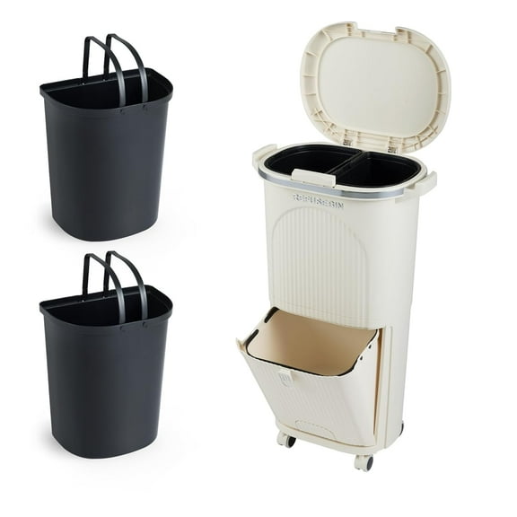 Moccha 10 Gallon Kitchen Trash Can with Lid - 2-Layer Waste Container with 2 Removable Buckets, Drawer, Step Pedal & Wheels, Vertical Sorting Garbage Can, Trash Bin for Living Room Kitchen Bathroom