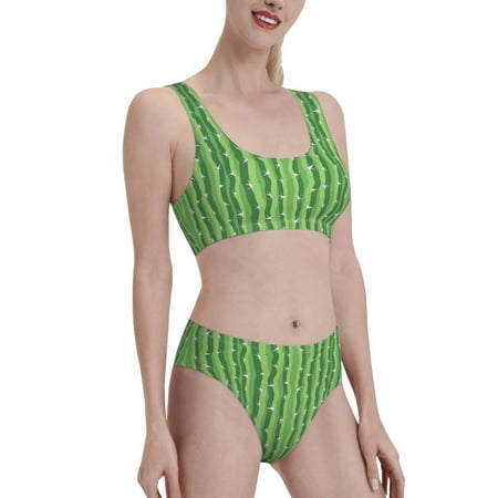 Uemuo Cactus Printed Women s High Waisted Bikini Sets Sporty Two Piece Swimsuits Color Block Cheeky High Cut Bathing Suits-Medium
