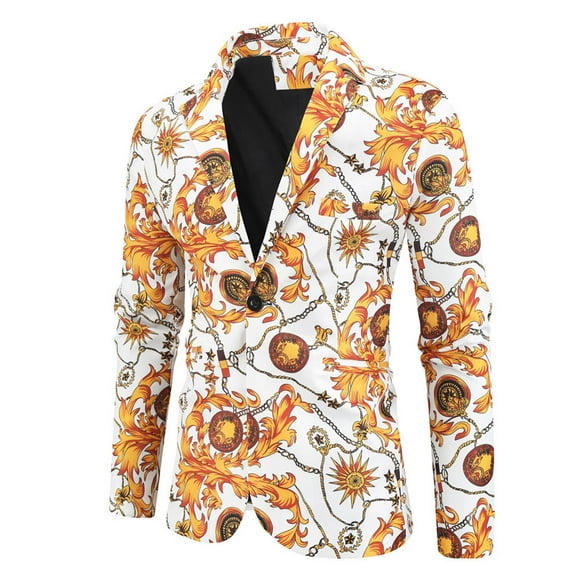 Virmaxy Men's Printed Suit Single One Button Back Slit Long Sleeved Suit Collar Dress Performance Dress Casual Suit Jacket Blazer