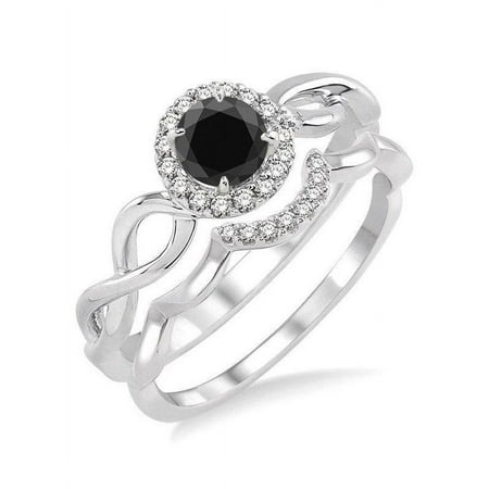 Limited Time Sale Infinity 1 Carat Round cut Black & White Diamond Wedding Ring Set in 10k White Gold Bridal Engagement Ring Set