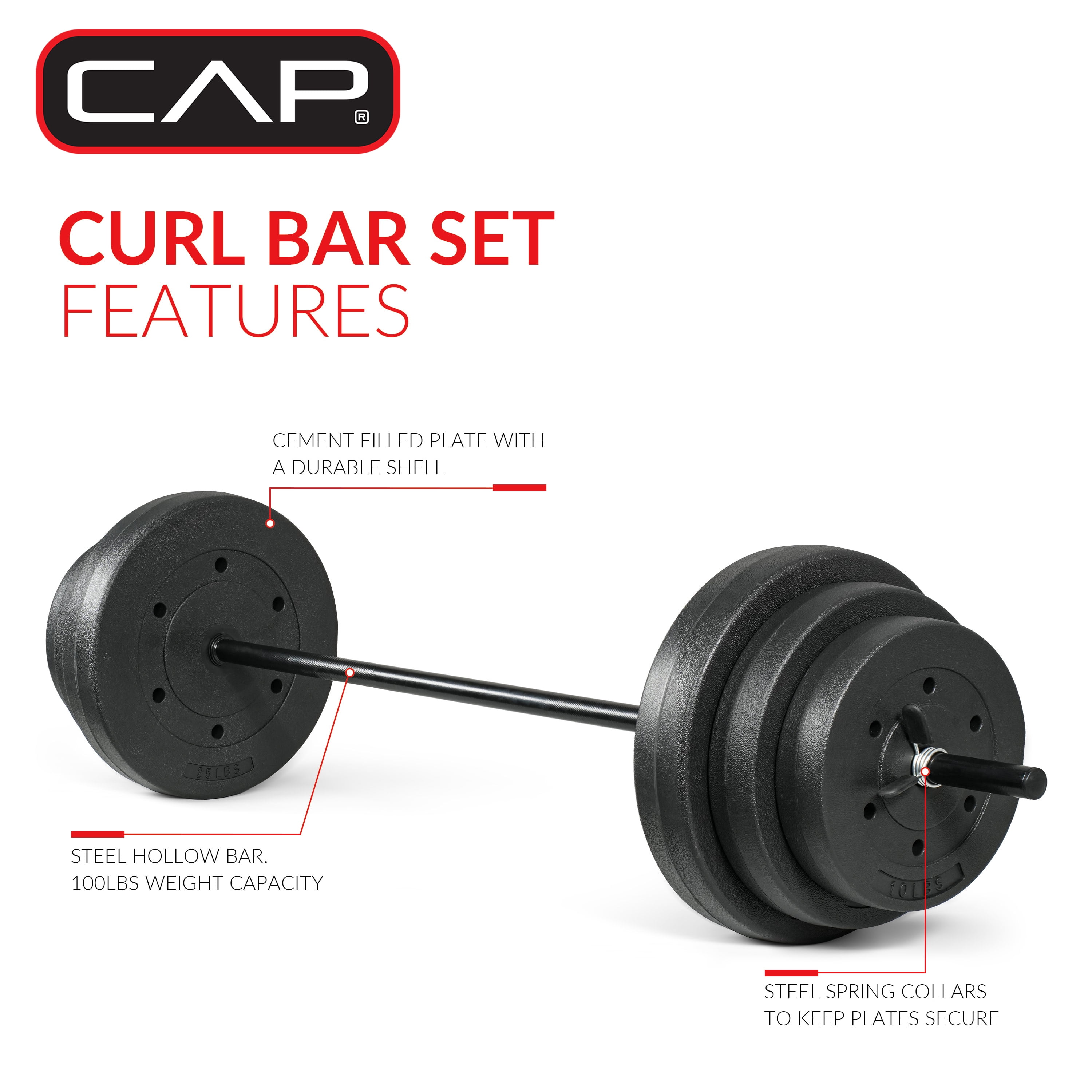Cap Standard 4.5 Foot Hollow Straight Weightlifting Exercise Bar with 100lb Vinyl Weight Plate Set
