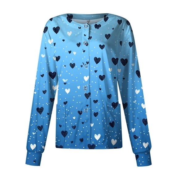 AHMOMEI Heart Print Scrub Jacket for Women Warm Up Snap Front Nurse Uniforms with Pocket S-5XL Plus Size Scrub Shirts for Women