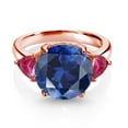 thumbnail image 2 of Gem Stone King 18K Rose Gold Plated Silver Blue Simulated Sapphire and Red Created Ruby 3-Stone Ring for Women (6.86 Cttw, Round 12MM, Trillion 5MM, Size 5), 2 of 3