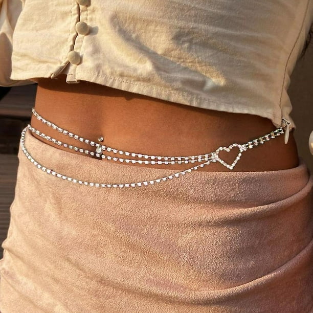Layered Waist Chain Rhinestone Belly Chains Belt Summer Beach Costume  Crystal Body Jewelry For Women And Girls (silver)