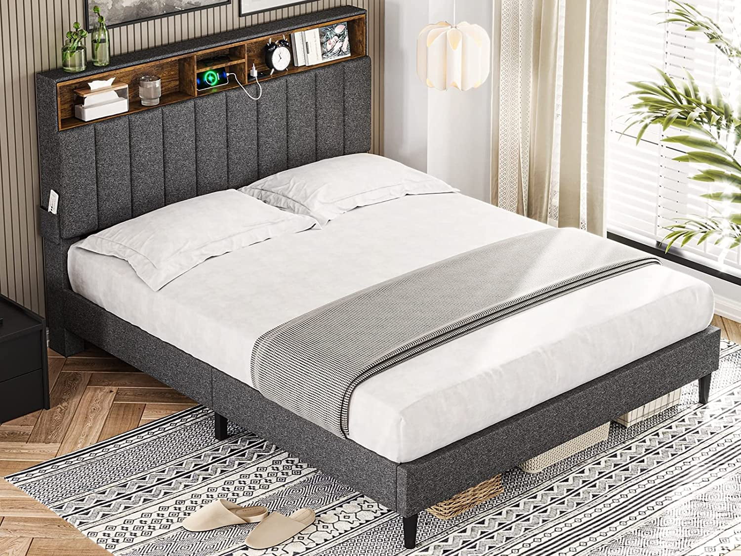Briljant Absoluut Adolescent ADORNEVE Full Bed Frame with Outlet and USB Ports, Upholstered Platform Bed  with Storage Headboard & Height Adjustable, Dark Grey - Walmart.com