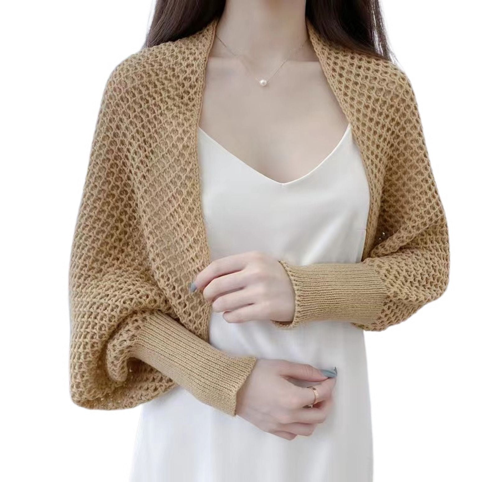 Knitted Ladder Cut Out Long Sleeve Layered Shrug Crop Top - Beige main image 0