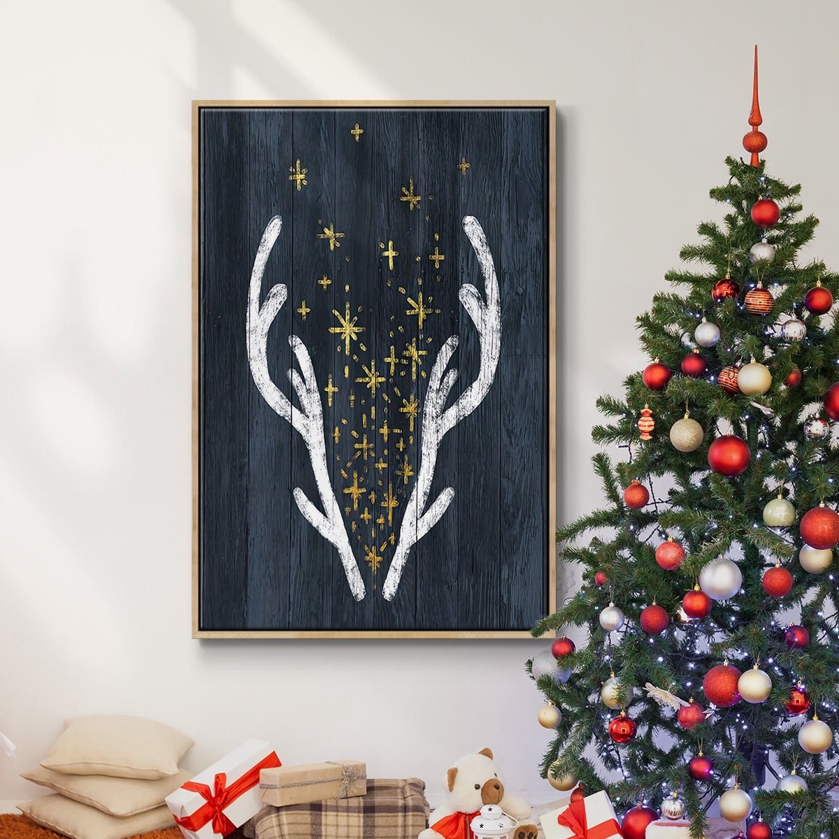 Antlers & Magic - Framed Gallery Wrapped Holiday Canvas - 17 x 25 - Natural Wood Frame