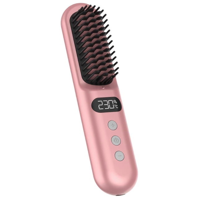 Cepillo alisador de pelo inalámbrico con pantalla LCD, control de calor de 9 niveles y reducción iónica del encrespamiento.