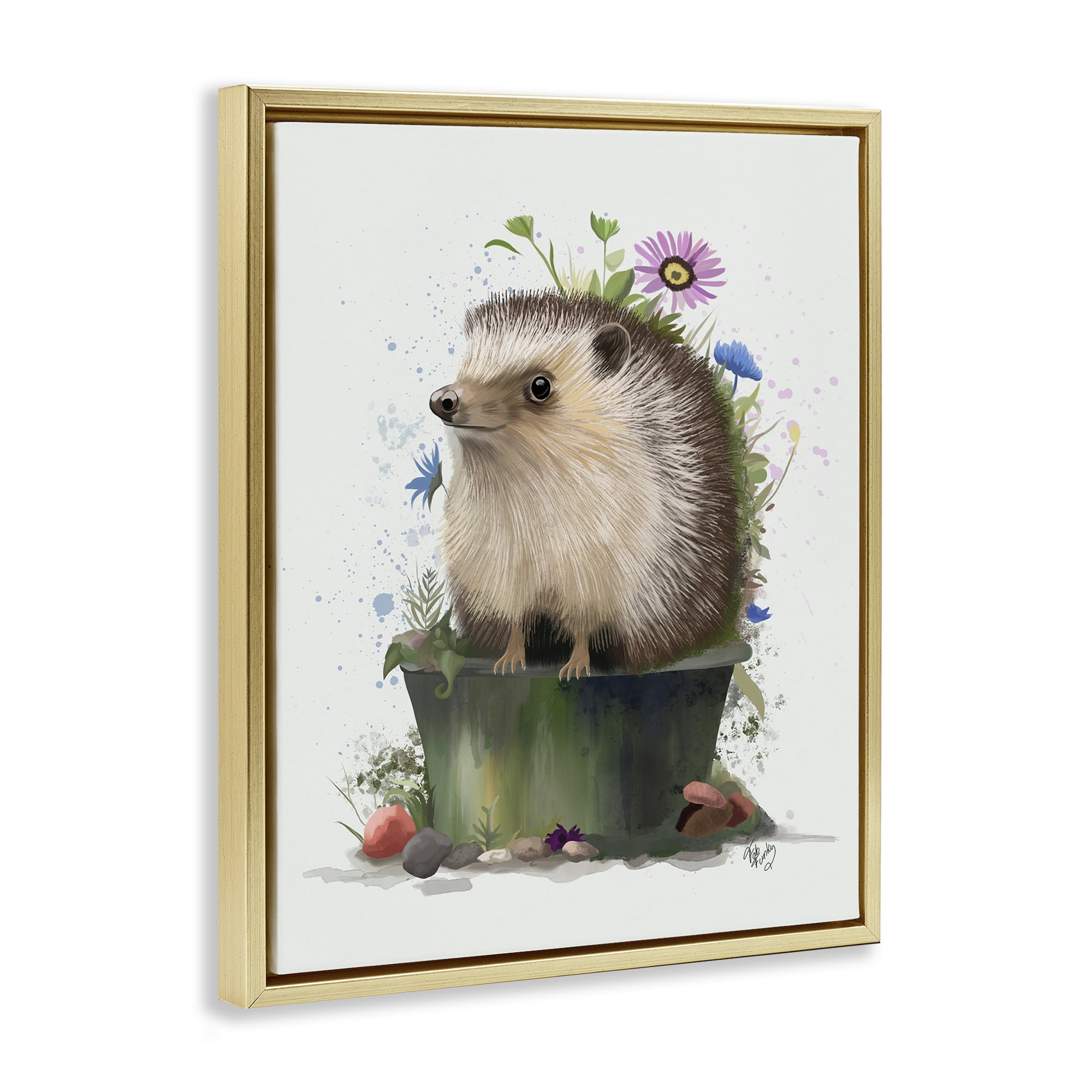 Stupell Industries Hedgehog in Gardening Pot Animals & Insects Painting Gold Floater Framed Canvas Art Print Wall Art, 17 x 21