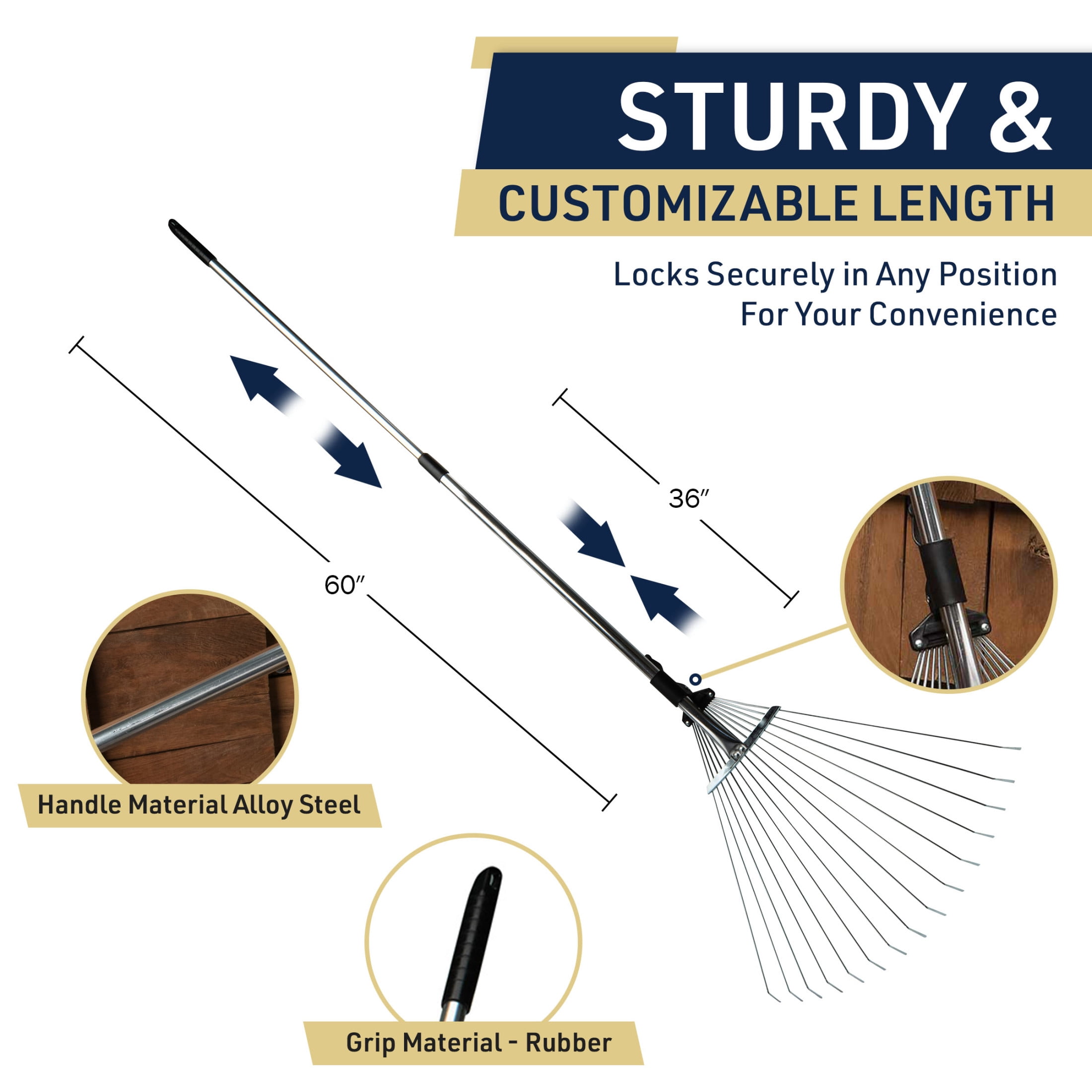 Kings County Tools Metal Rake – Adjustable Width of 7" to 22" Head & Telescoping Handle of 36" to 60" for Lawn & Leaves