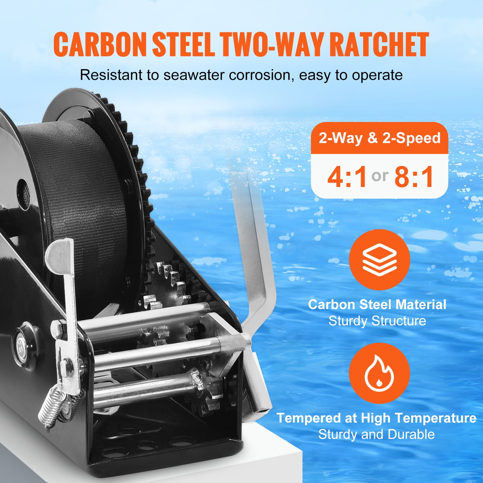 VEVOR Hand Winch, 3500 lbs Pulling Capacity, Boat Trailer Winch Heavy Duty Rope Crank with 33 ft Polyester Strap and Two-Way Ratchet, Manual Operated Hand Crank Winch for Trailer, Boat or ATV Towing