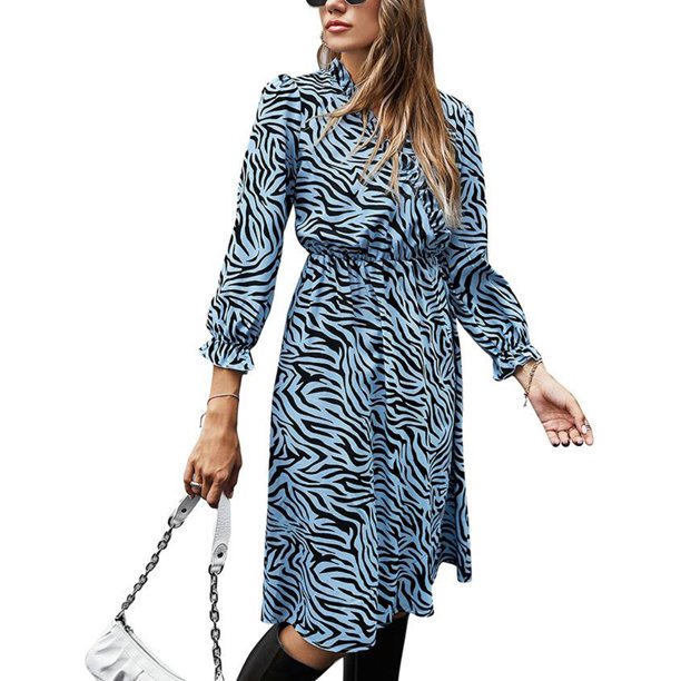Enjiwell Women's Zebra Print Elastic Waist V Neck Long Sleeve Midi