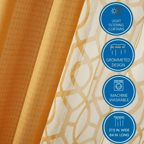 Mainstays Kingswood Solid and Printed Sheer Grommet Curtain Panel Set, 4 Piece, Brown Butter, 27.5" W x 84" L