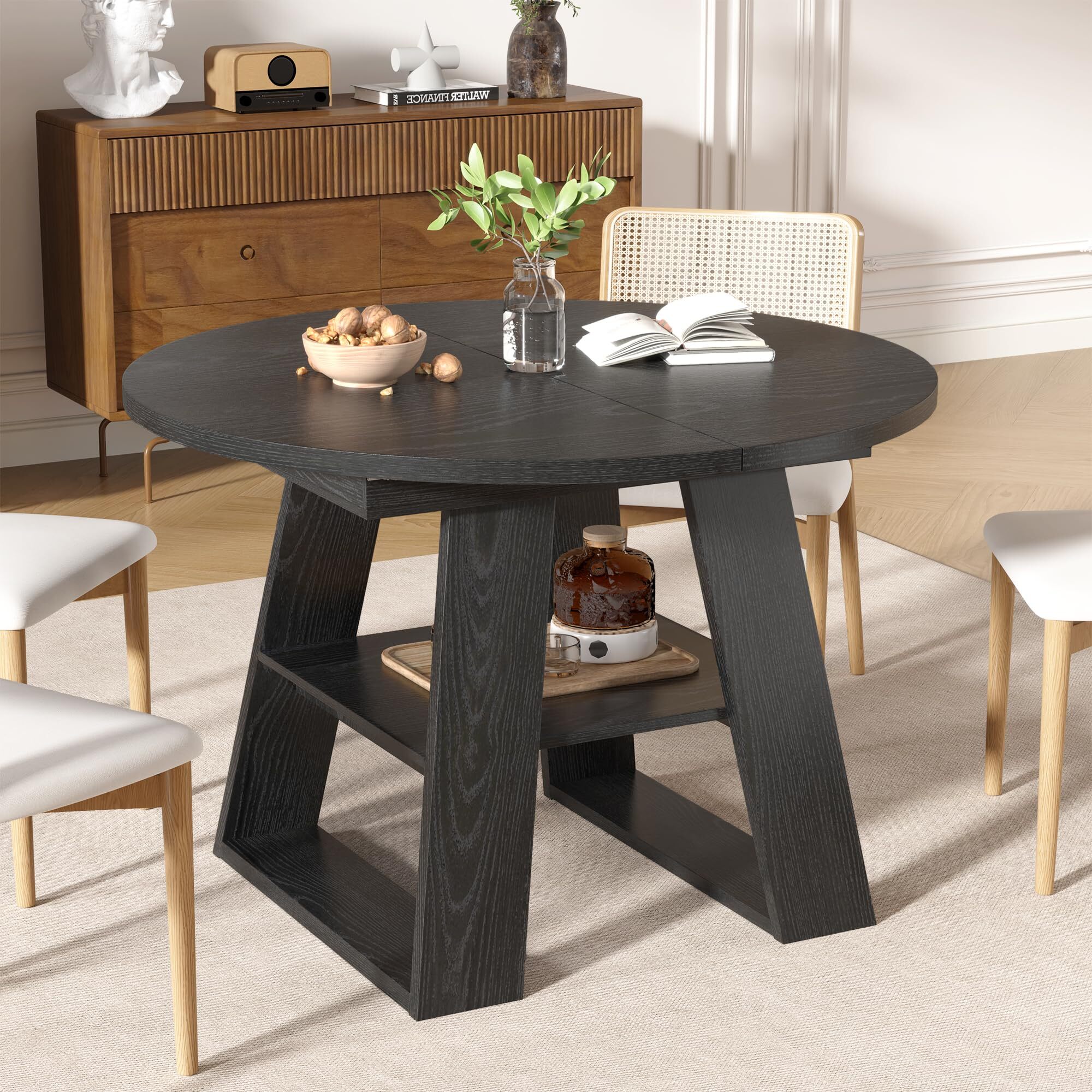 Fsbecl 43.3in-59in Extendable Round Dining Table for 4-8, Space Saving Kitchen Table with Storage Shelf Base, Black