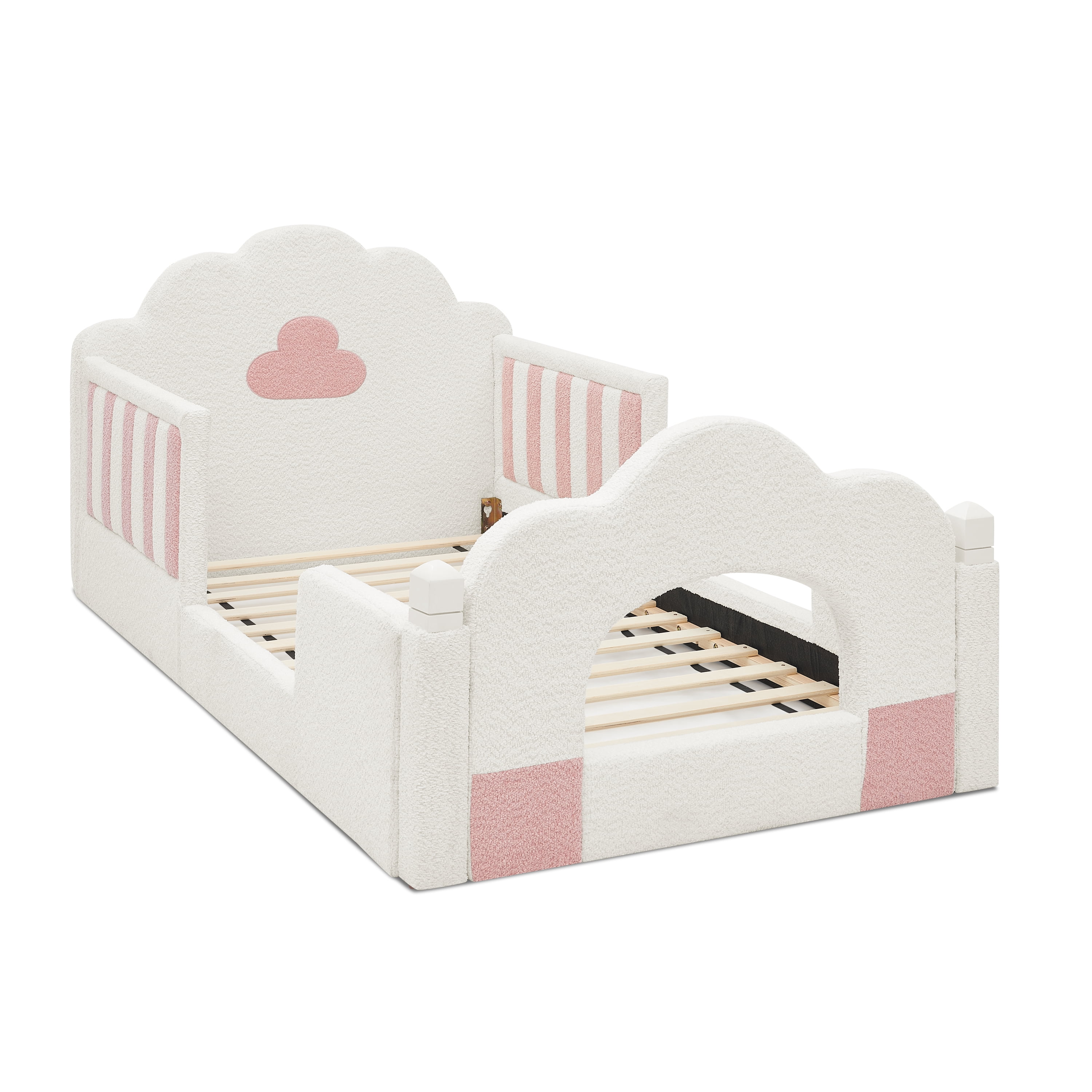 Twin Size Cloud Bed with Safety Guardrail, Solid Wood Bed Frame for Bedroom, Boucle Fabric
