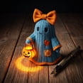 thumbnail image 5 of Clearance Halloween Ghost Figurine, Knitted Look Resin Ghost with Bow and Glowing Pumpkin Bucket, Vintage Tabletop Decor for Mantel Shelf Party Home, 5 of 6
