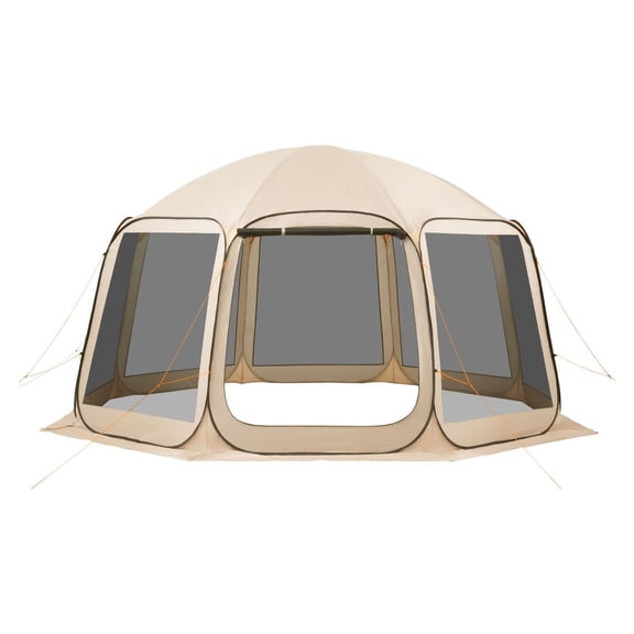 Screen House Tent 15x13.8 ft - Pop Up Screen Tent 12-15 Person - Portable Screened Canopy with Stakes & Bag - Beige