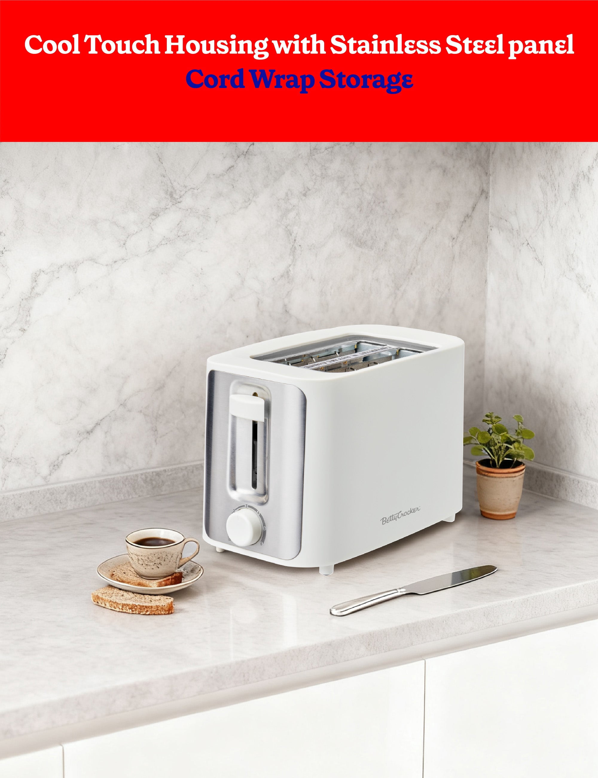 Betty Crocker 2-Slice Toaster, 900W, Variable Toast Shade Control, High Lift Feature, Cool Touch Housing, Bread Centering Guides, BC-5632W, White