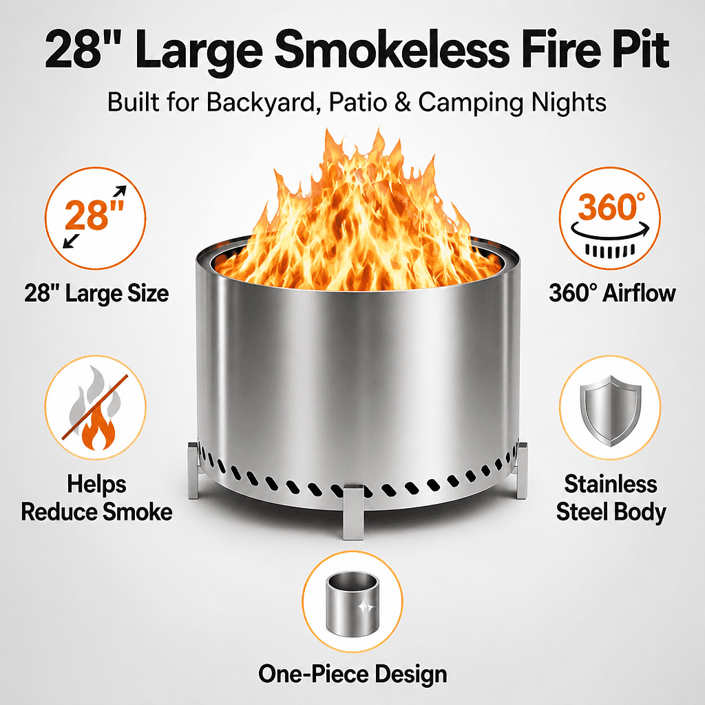 Eclaron 28inch Large Stainless Steel Smokeless Fire Pit Wood Burning Stove Outdoor Camping Patio Picnic