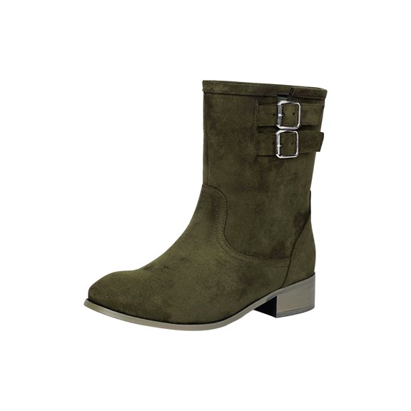 Women's Wide Calf B𝗈𝗈𝑡𝑠 Round Toe Chun𝗄𝗒 Booties Casual L𝗈w Block Heel Boot Cozy Pull On Ankle Booties with Buckle Strap Detail, Fashion Fall Winter Ladies Shoes for Outdoor