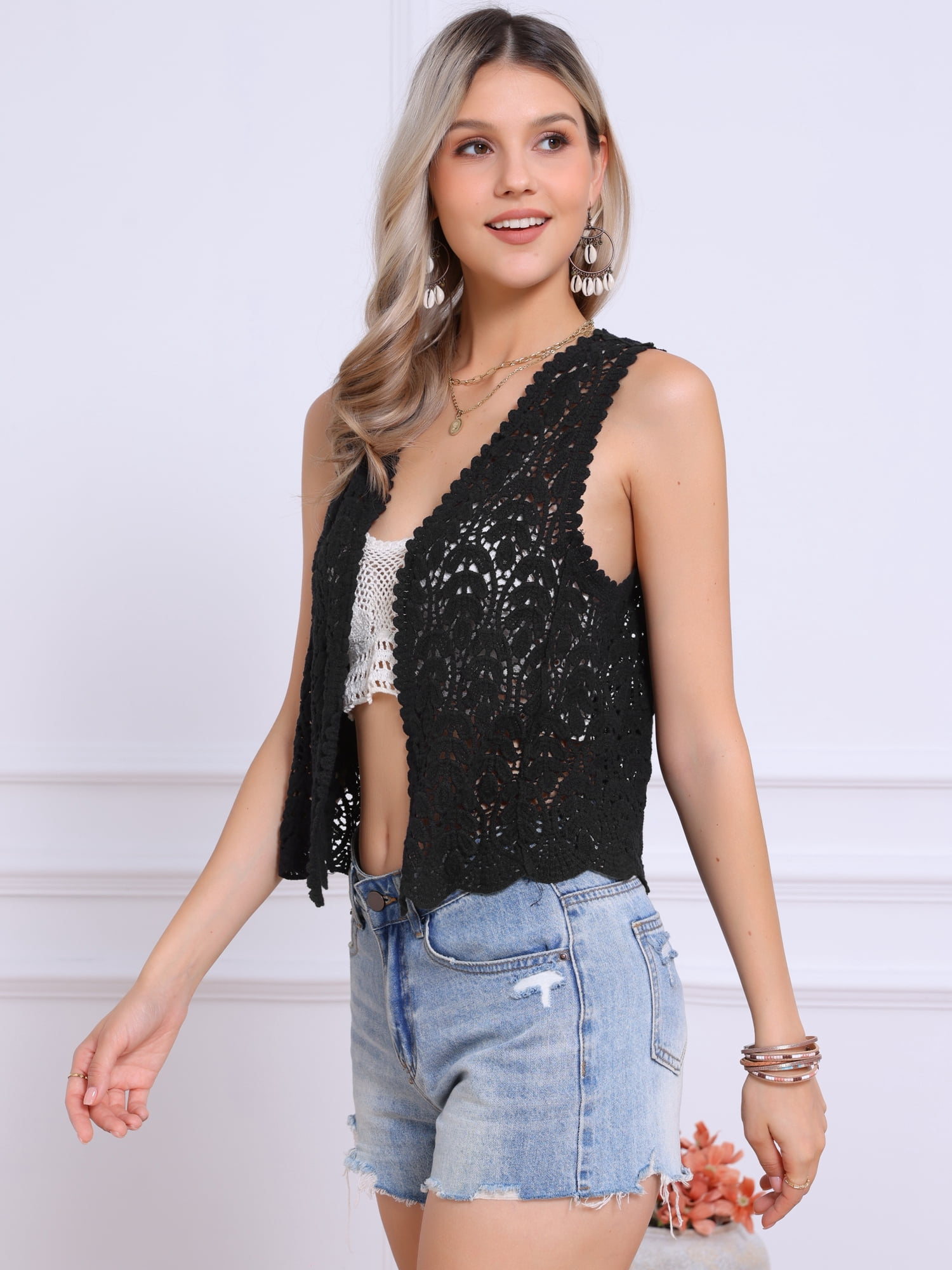 DARING DIVA Women's Floral Crochet Hollow Out Open Front Vest L Black