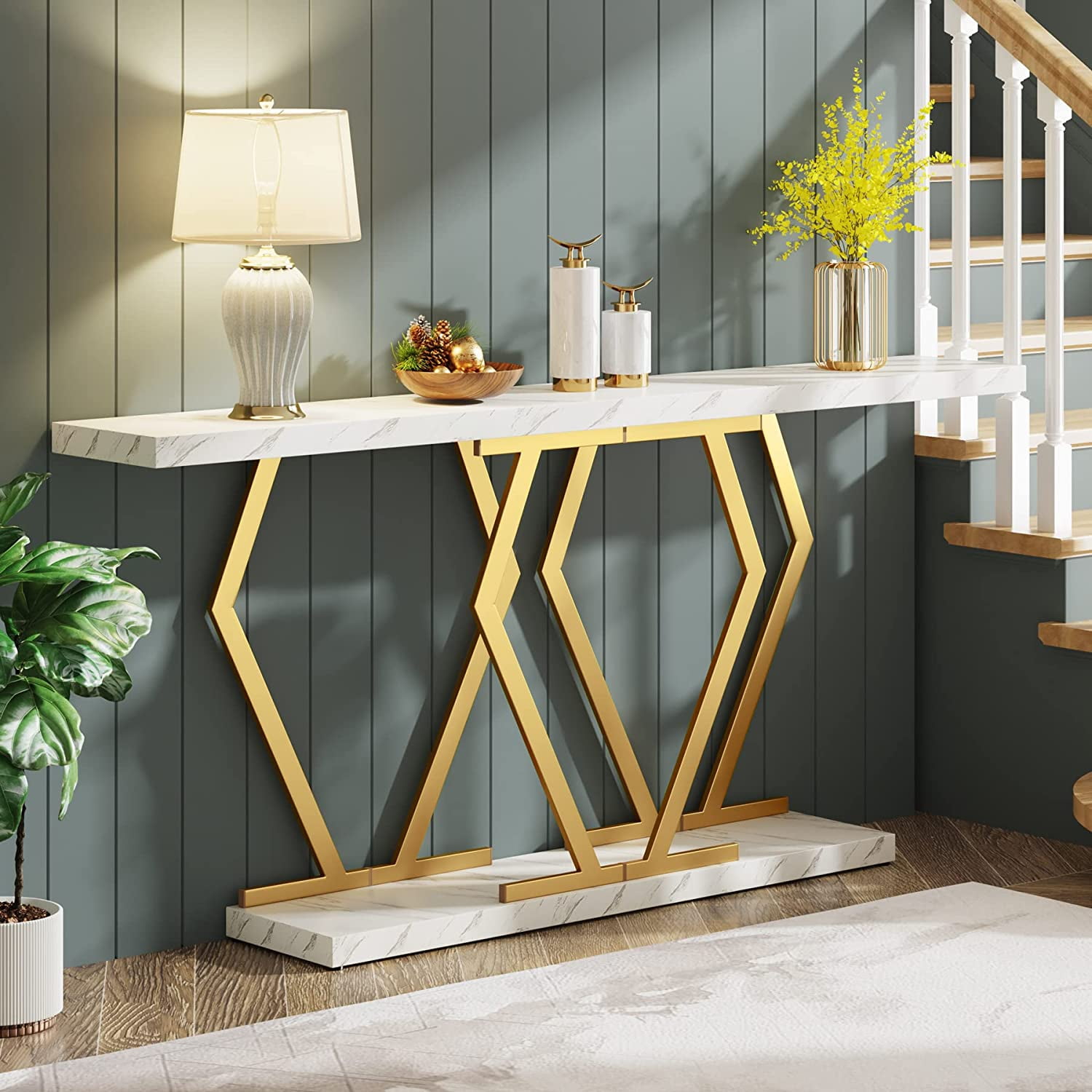 Tribesigns 70.9 Inch Extra Long Sofa Table, Console Table with Faux Marble Tabletop, Modern Long Entryway Table with Metal Frame, White & Gold