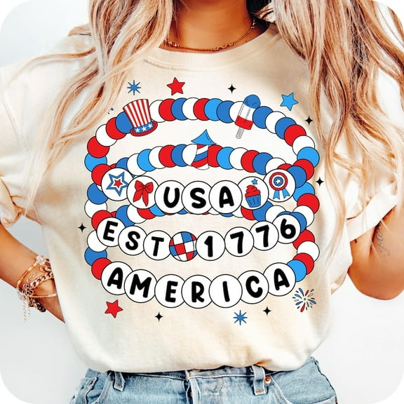 America Friendship Bracelet T-Shirt – Preppy Red White Blue Shirt for Girls, Cute 4th of July and Memorial Day Outfit