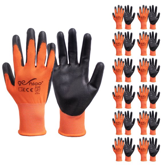 Work Gloves for Men Women PU Coated , Breathable Lightweight Safety Gloves with Anti-Slip Grip for Warehouse, Construction, Gardening,Mechanic,General Work 12pairs Orange L