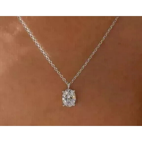 1Ct Lab Created Diamond Oval Cut Solitaire Fancy Pendant 14K White Gold Plated 18" Chain