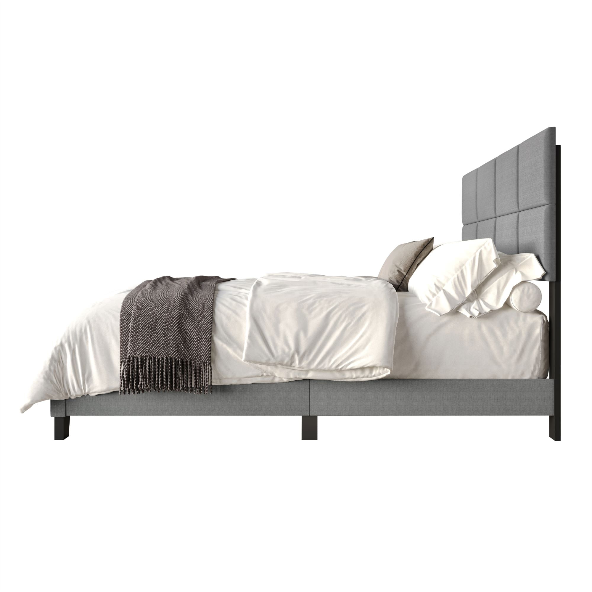 Home Design Lufkin Twin Upholstered Panel Bed Frame with Checkered Tufted Headboard & Foam-Filled Comfort, Gray, Easy Assembly