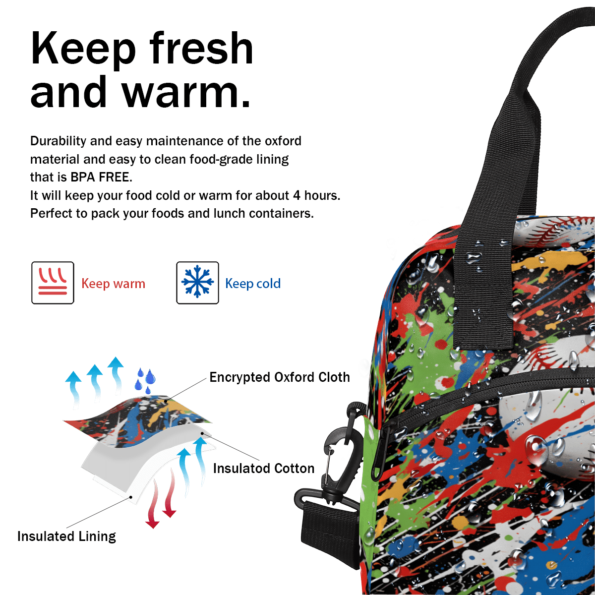 Herdesigns Graffiti Baseball Insulated Lunch Bag for Women Men Adults Large Reusable Lunch Box Softball Sports Leakproof Cooler Tote Bags with Adjustable Shoulder Strap