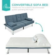 Best Choice Products Modern Linen Convertible Futon Sofa Bed w/ Removable Armrests, Metal Legs, Cupholders - Blue