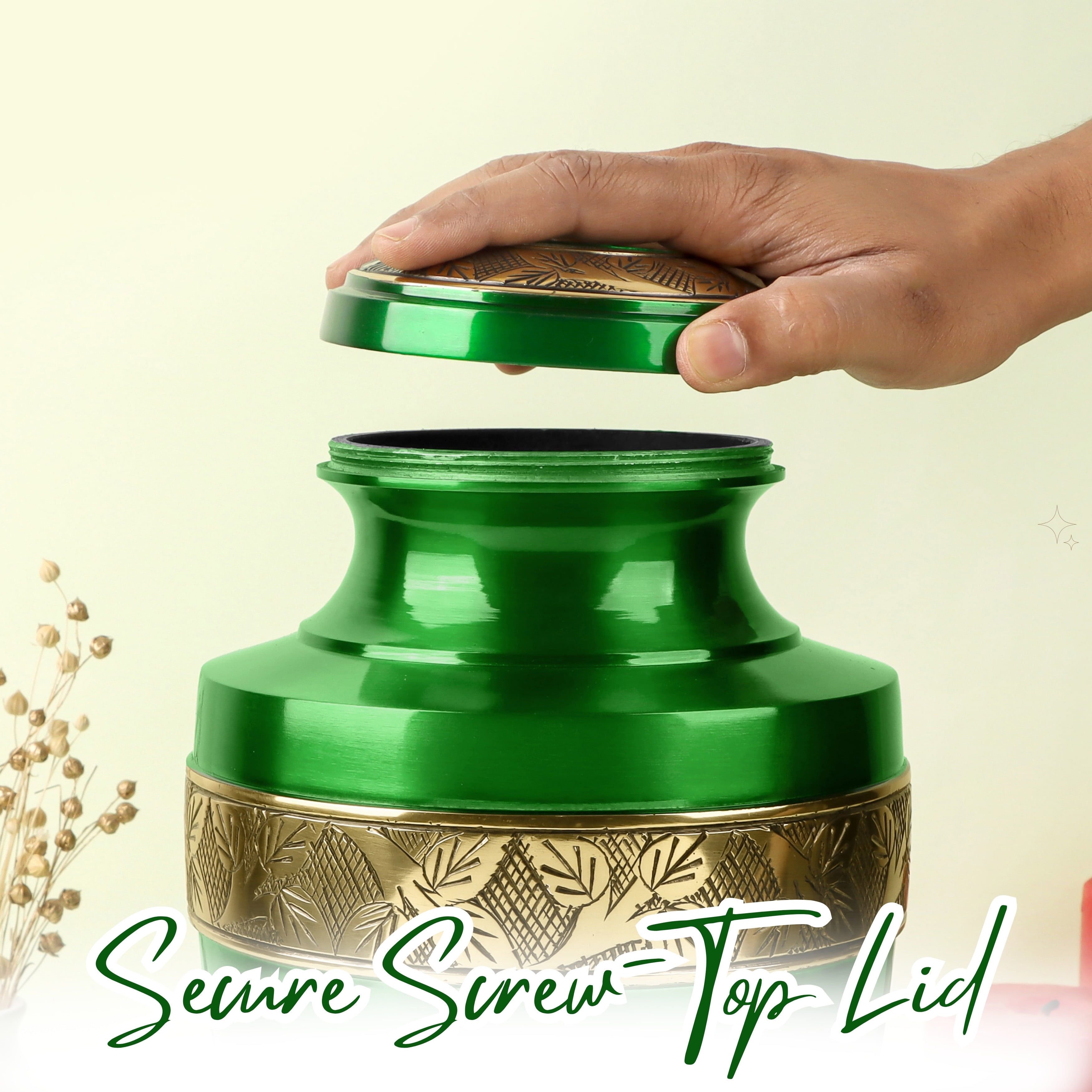 Handcrafted Aluminum Urn - Decorative Memorial Holder for Ashes and Remembrance (Grass Green & Royal Gold)