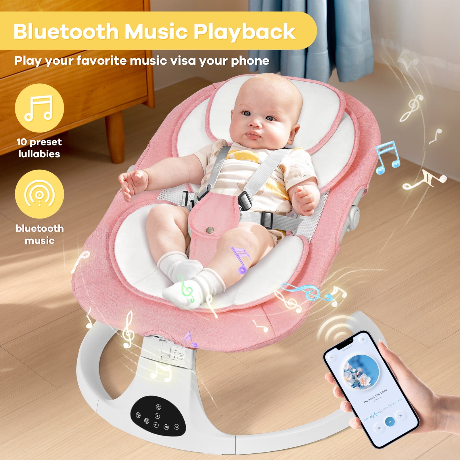 Baby Swing for Infants 0-18 Months, 5 Speed Bluetooth Bouncer with 10 Lullabies, Portable Infant Swing Chair with Detachable Toys & Mosquito Net, Lightweight for Home & Travel, Pink