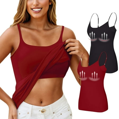 2 Piece Shelf Bra Tank Tops for Women Camisole Adjustable Spaghetti Strap Shelf Bras Workout Plus Size Padded Undershirts