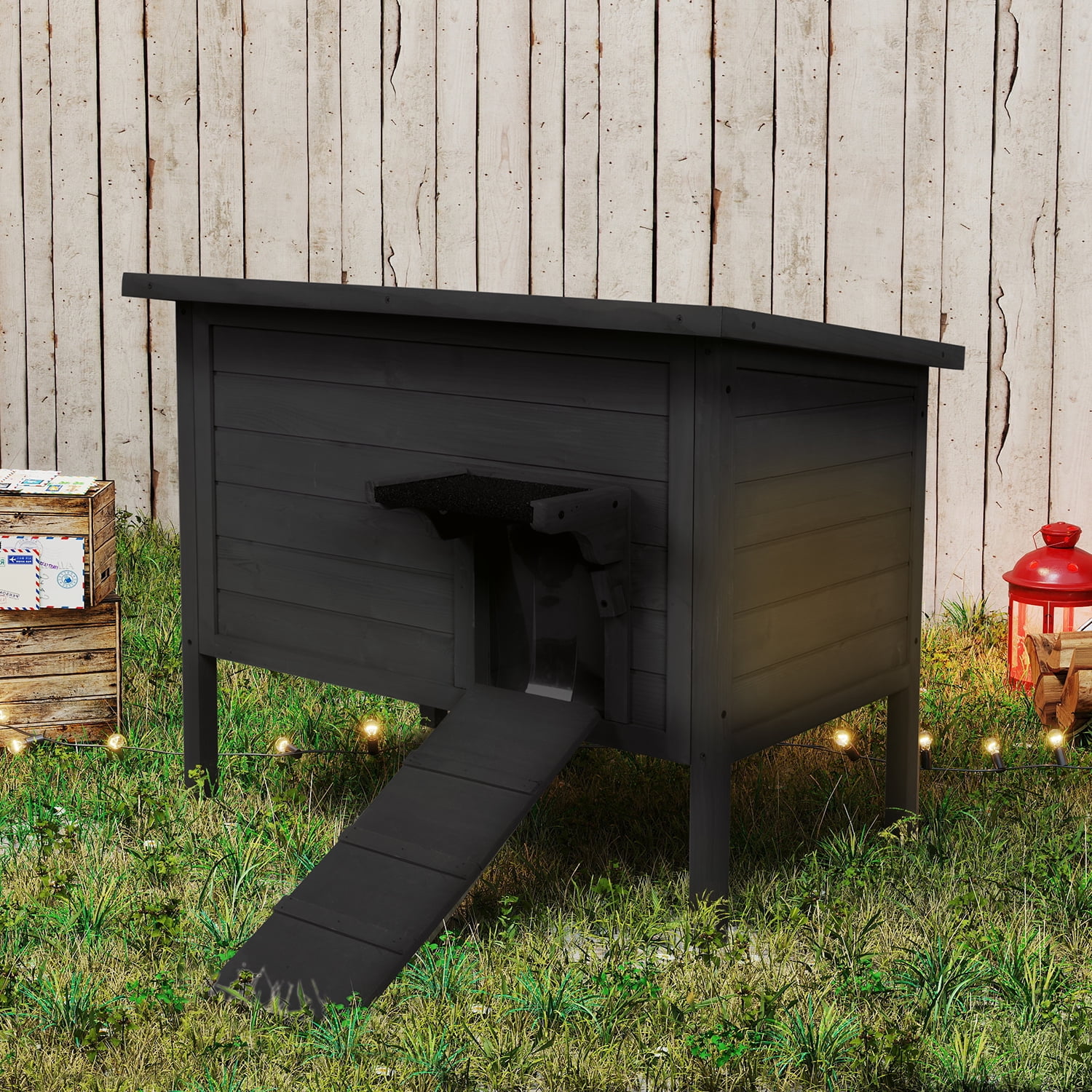 Hidpriva Insulated Wooden Outdoor Cat House, Weather-Resistant Feral Cat Shelter for Winter w/ Foldable Ladder & Visible Window, Black