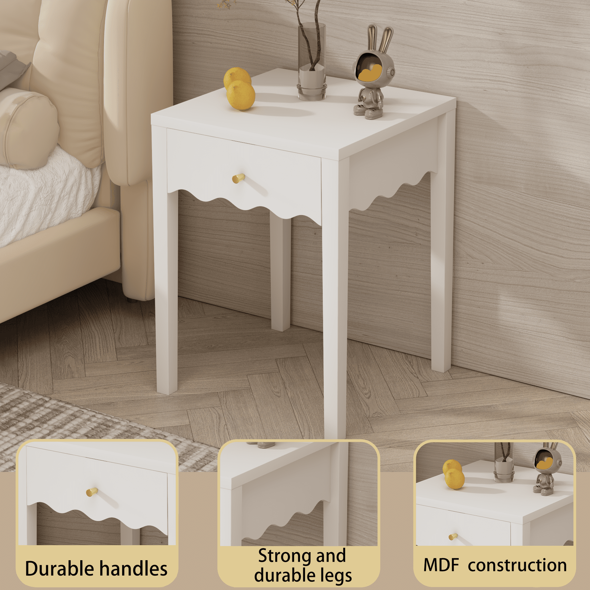 White Nightstand with Drawer, Modern Bedside Table with Wavy Apron Design, Compact End Table for Bedroom Living Room, Small Side Table with Storage